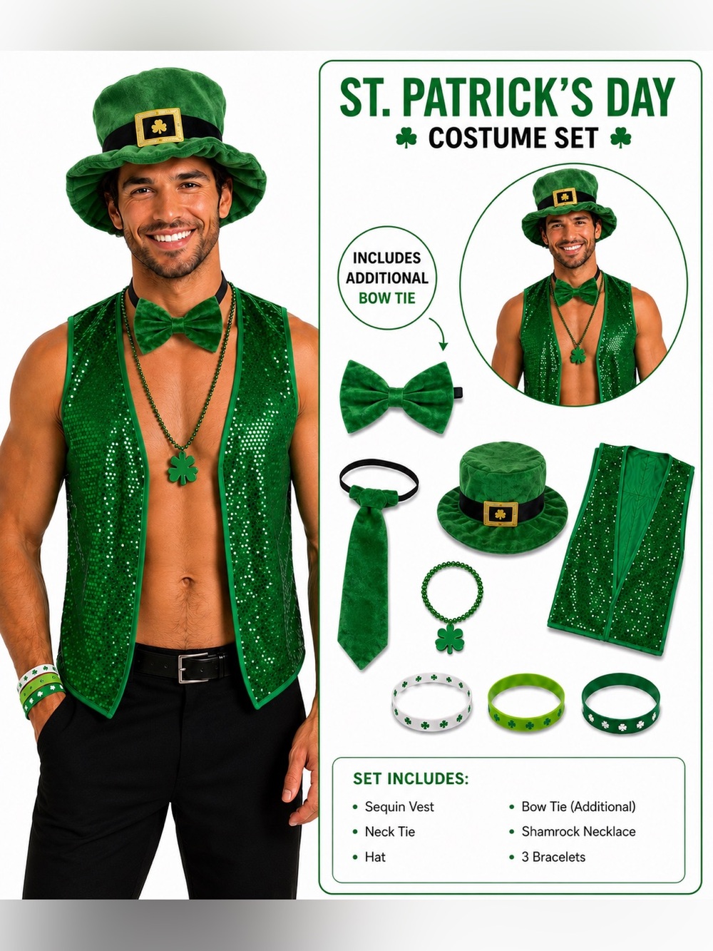 Men’s Leprechaun St. Patrick’s Day Costume Set Medium Vest Hat Tie Bow Tie
